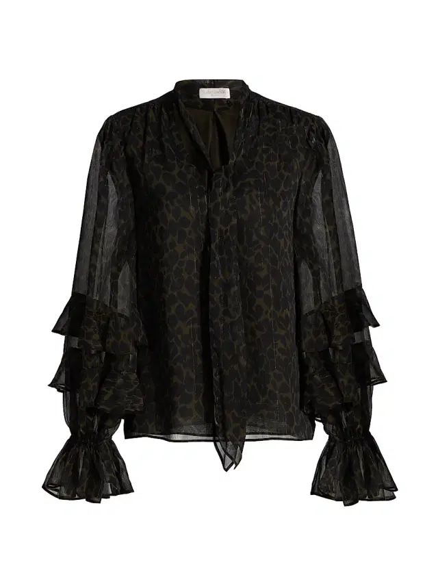 Ramy Brook Women's Foliage Bonnie Leopard Print Ruffle Blouse - Black Deep Olive Foliage