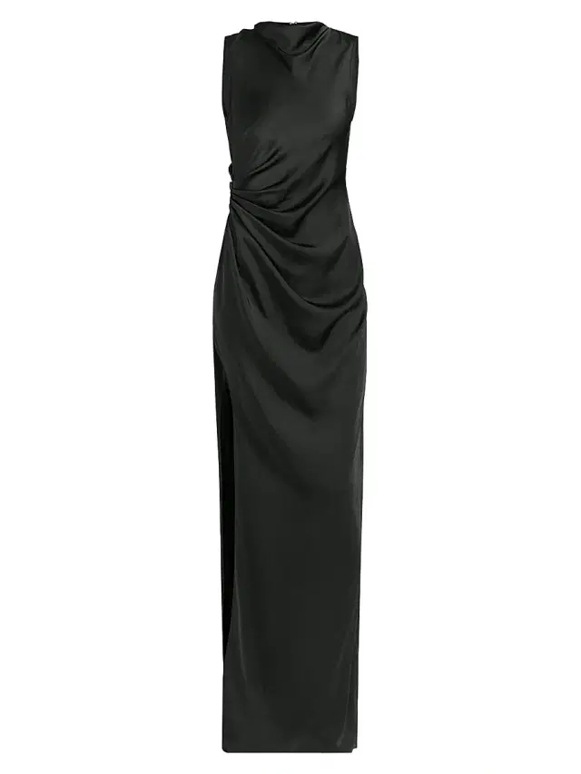 Women's Satin Ruched Column Gown - Dark Green