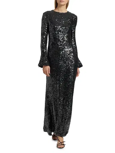 LAPOINTE Women's Sequined Flare-Sleeve Sheath Gown - Dark Green | Thumbnail 2 LAPOINTE Women's Sequined Flare-Sleeve Sheath Gown - Dark Green | Thumbnail 2