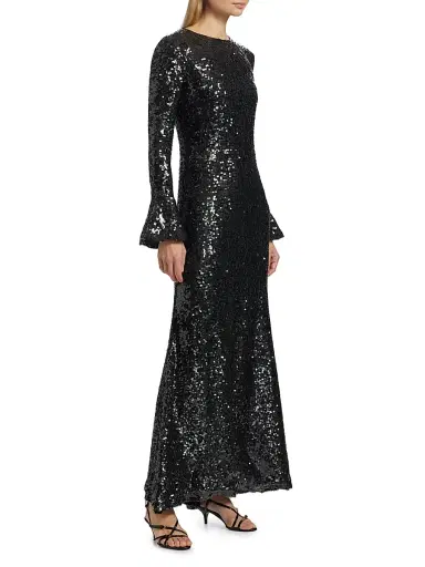 LAPOINTE Women's Sequined Flare-Sleeve Sheath Gown - Dark Green | Thumbnail 4 LAPOINTE Women's Sequined Flare-Sleeve Sheath Gown - Dark Green | Thumbnail 4
