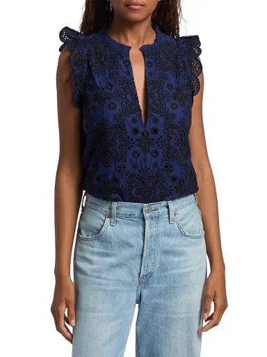 FIGUE Women's Maris Embroidered Cotton Top - True Navy - Size Large | Thumbnail 3 FIGUE Women's Maris Embroidered Cotton Top - True Navy - Size Large | Thumbnail 3