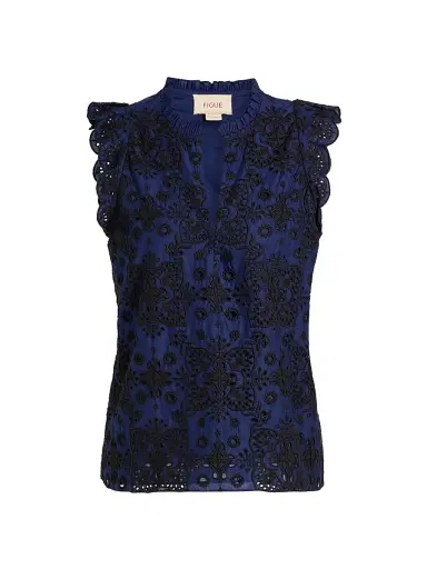 FIGUE Women's Maris Embroidered Cotton Top - True Navy - Size Large | Thumbnail 1 FIGUE Women's Maris Embroidered Cotton Top - True Navy - Size Large | Thumbnail 1