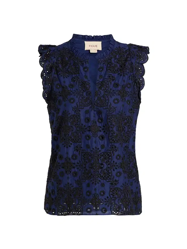 FIGUE Women's Maris Embroidered Cotton Top - True Navy - Size Large