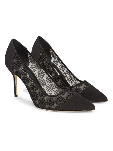 Manolo Blahnik Women's Capcour 90MM Embroidered Mesh Pumps - Black - Size 5 | Thumbnail 2