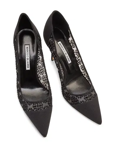 Manolo Blahnik Women's Capcour 90MM Embroidered Mesh Pumps - Black - Size 5 | Thumbnail 4