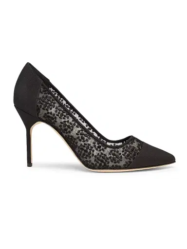 Manolo Blahnik Women's Capcour 90MM Embroidered Mesh Pumps - Black - Size 5 | Thumbnail 1