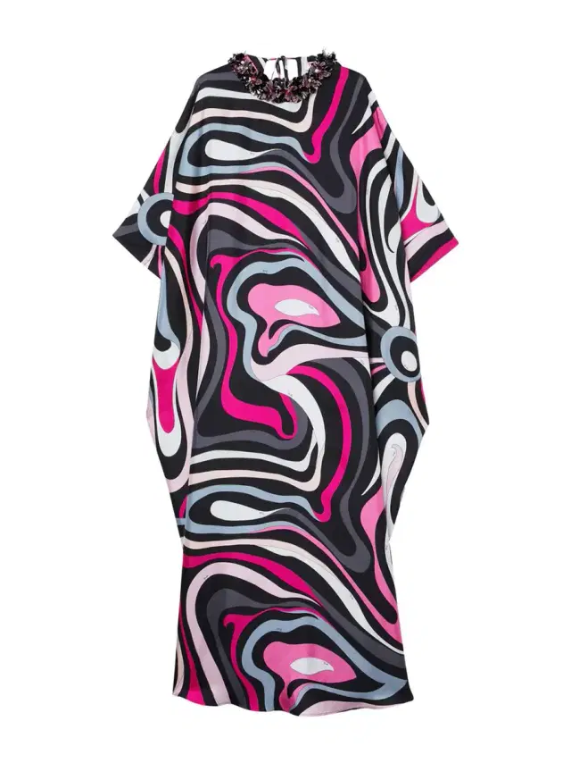 Embellished Marmo-Print Silk Caftan