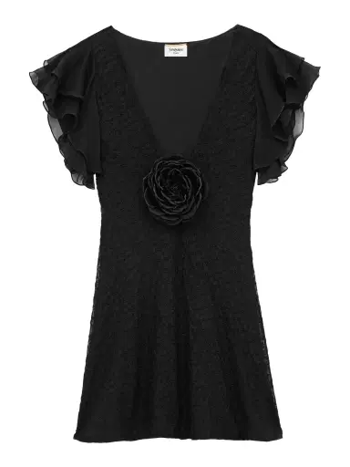 Saint Laurent Embroidered Muslin V-Neck Mini Dress | Thumbnail 1 Saint Laurent Embroidered Muslin V-Neck Mini Dress | Thumbnail 1