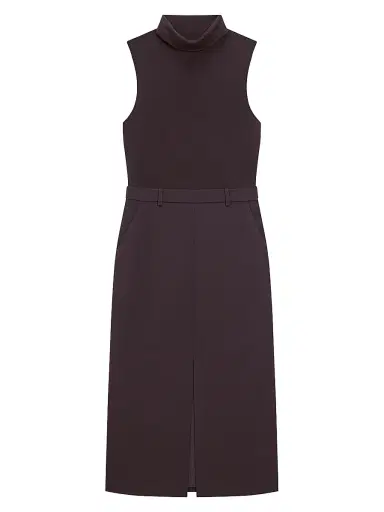 Theory Women's Funnel-Neck Crepe Belted Dress - Dark Cacao | Thumbnail 1 Theory Women's Funnel-Neck Crepe Belted Dress - Dark Cacao | Thumbnail 1