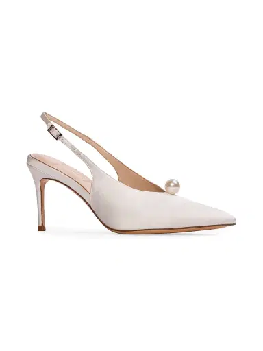 Black Suede Studio Women's Reina 80MM Satin Pumps - White Satin Pearl Ornament - Size 12 | Thumbnail 2