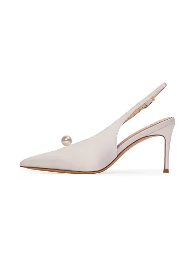 Black Suede Studio Women's Reina 80MM Satin Pumps - White Satin Pearl Ornament - Size 12 | Thumbnail 4