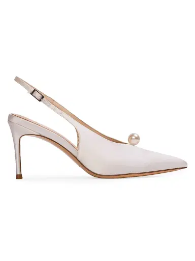 Black Suede Studio Women's Reina 80MM Satin Pumps - White Satin Pearl Ornament - Size 12 | Thumbnail 1