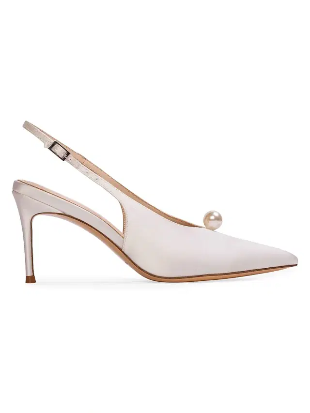 Black Suede Studio Women's Reina 80MM Satin Pumps - White Satin Pearl Ornament