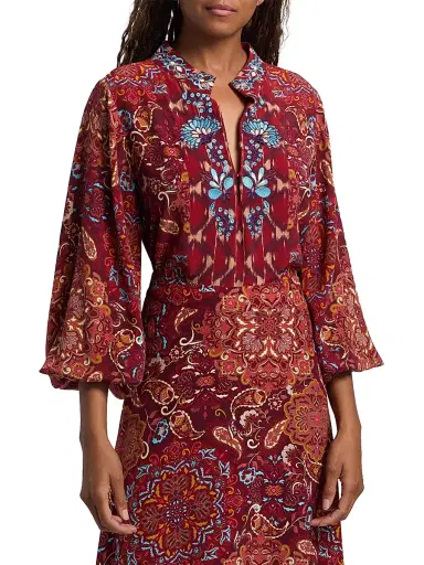 FIGUE Women's Kit Embroidered Floral Top - Kaleidoscope Paisley Red | Thumbnail 3