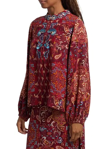 FIGUE Women's Kit Embroidered Floral Top - Kaleidoscope Paisley Red | Thumbnail 4