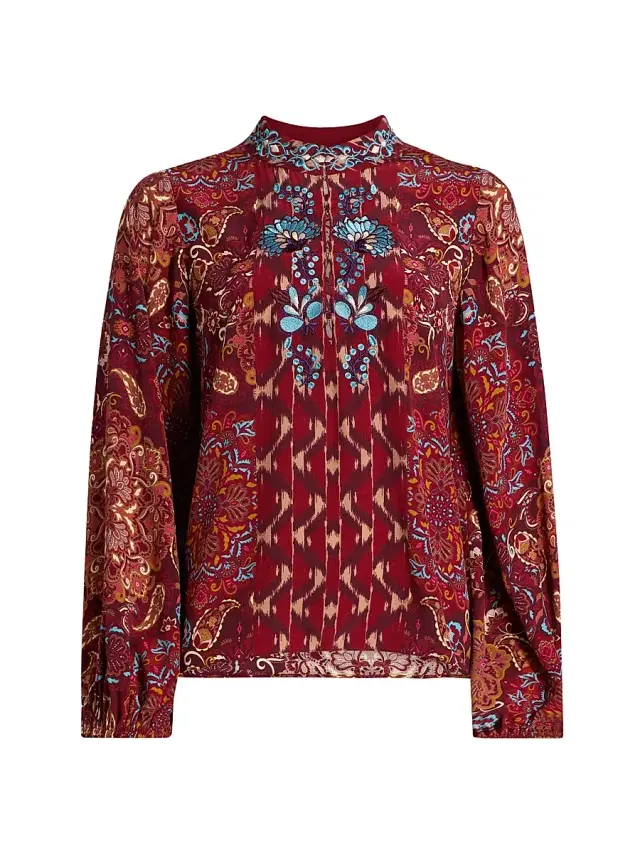 FIGUE Women's Kit Embroidered Floral Top - Kaleidoscope Paisley Red