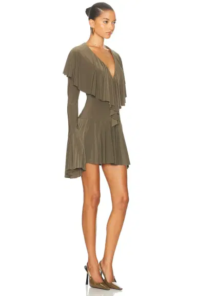 Norma Kamali for FWRD Long Sleeve Deep V Ruffle Mini Dress | Thumbnail 2 Norma Kamali for FWRD Long Sleeve Deep V Ruffle Mini Dress | Thumbnail 2