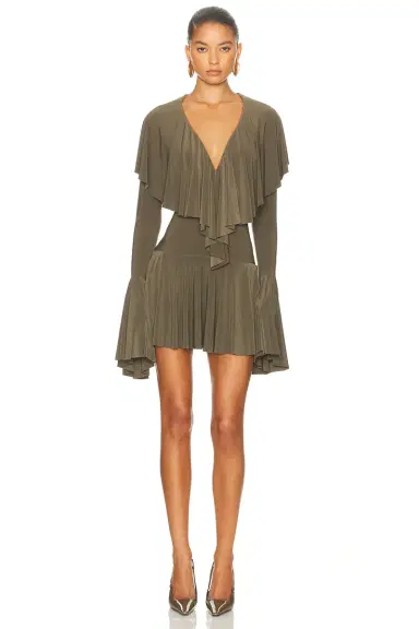 Norma Kamali for FWRD Long Sleeve Deep V Ruffle Mini Dress | Thumbnail 1 Norma Kamali for FWRD Long Sleeve Deep V Ruffle Mini Dress | Thumbnail 1