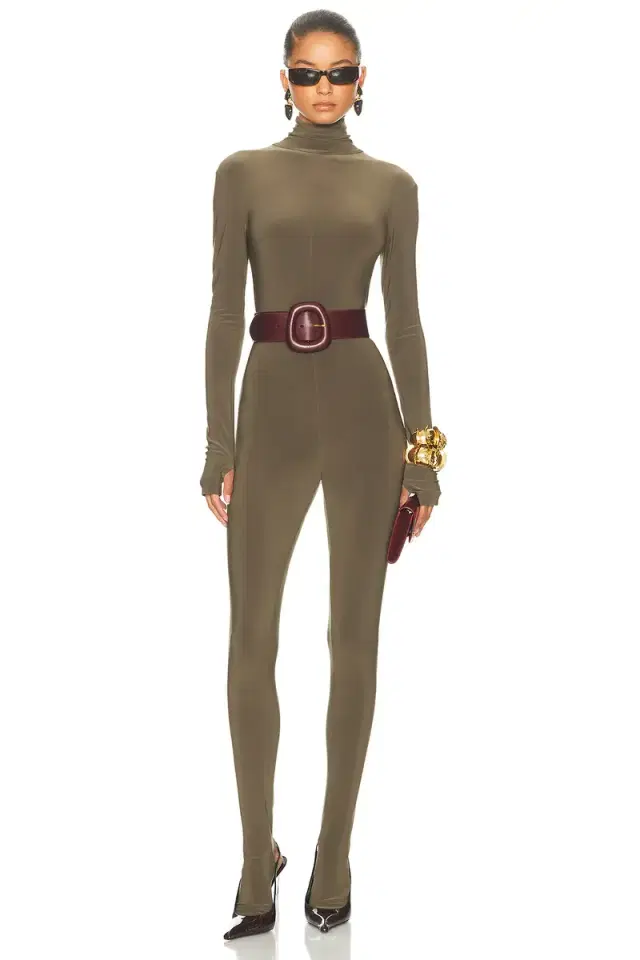 Norma Kamali Long Sleeve Slim Fit Turtleneck Footie Catsuit