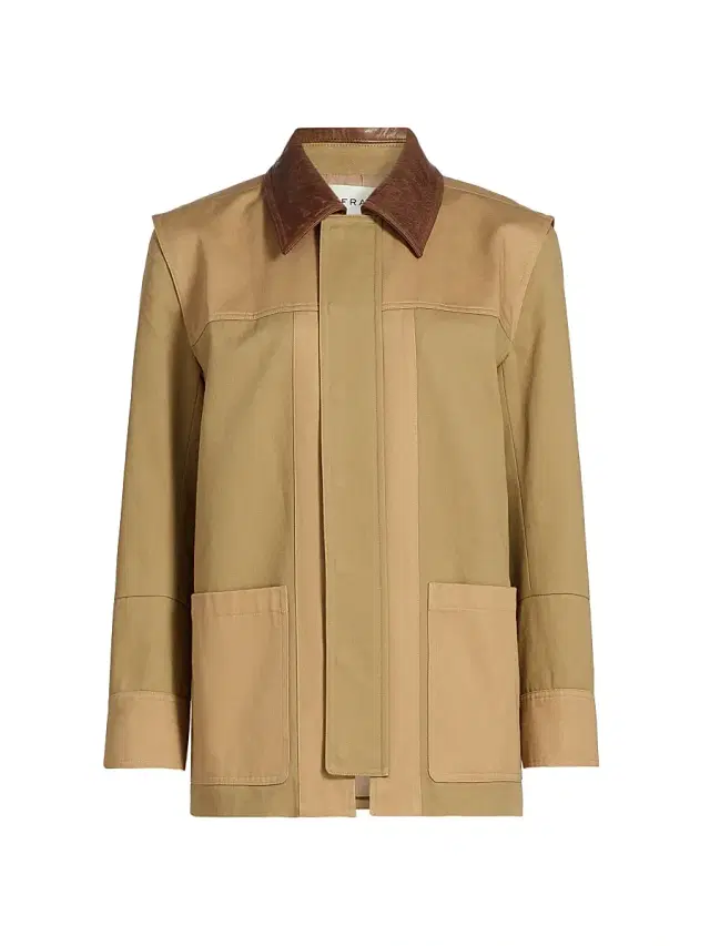 FRAME Women's Leather-Collar Cottan Canvas Chore Jacket - Khaki