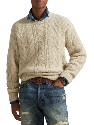 Polo Ralph Lauren Men's Aran Wool-Blend Crewneck Sweater - Coconut Cream Heather | Thumbnail 3 Polo Ralph Lauren Men's Aran Wool-Blend Crewneck Sweater - Coconut Cream Heather | Thumbnail 3