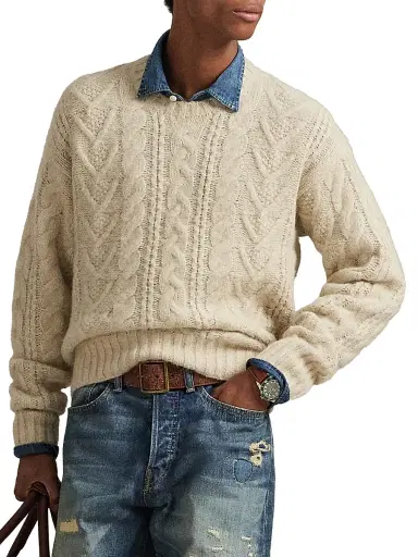 Polo Ralph Lauren Men's Aran Wool-Blend Crewneck Sweater - Coconut Cream Heather | Thumbnail 6 Polo Ralph Lauren Men's Aran Wool-Blend Crewneck Sweater - Coconut Cream Heather | Thumbnail 6