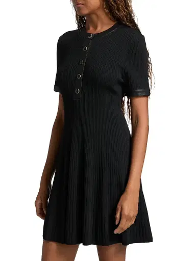 Milly Women's Faux Leather-Trim Henley Minidress - Black | Thumbnail 4 Milly Women's Faux Leather-Trim Henley Minidress - Black | Thumbnail 4