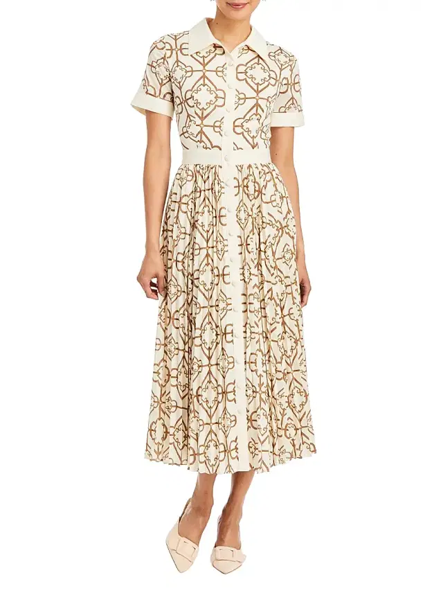 Mestiza New York Women's Billie Geometric Twill Button-Front Midi-Shirtdress - Quatrefoil Tile - Size 10