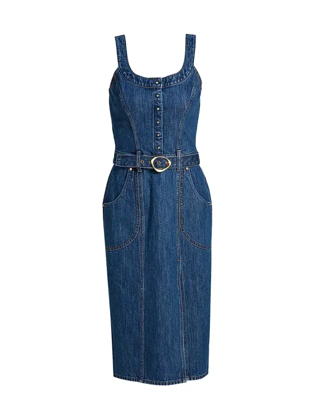 Hevron Women's Scoopneck Belted Denim Midi-Dress - Dark Blue Wash