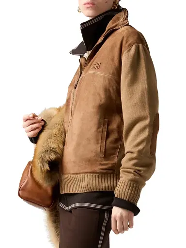 Miu Miu Women's Wool and Leather Zipper Cardigan - Brown - Size 8 | Thumbnail 2 Miu Miu Women's Wool and Leather Zipper Cardigan - Brown - Size 8 | Thumbnail 2