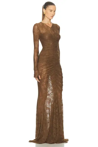 Norma Kamali Long Sleeve V Neck Shirred Front Fishtail Gown | Thumbnail 2 Norma Kamali Long Sleeve V Neck Shirred Front Fishtail Gown | Thumbnail 2