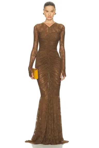Norma Kamali Long Sleeve V Neck Shirred Front Fishtail Gown | Thumbnail 1 Norma Kamali Long Sleeve V Neck Shirred Front Fishtail Gown | Thumbnail 1