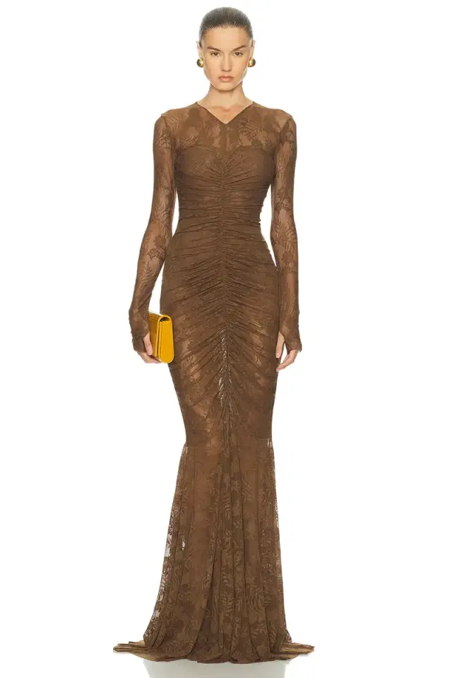 Norma Kamali Long Sleeve V Neck Shirred Front Fishtail Gown