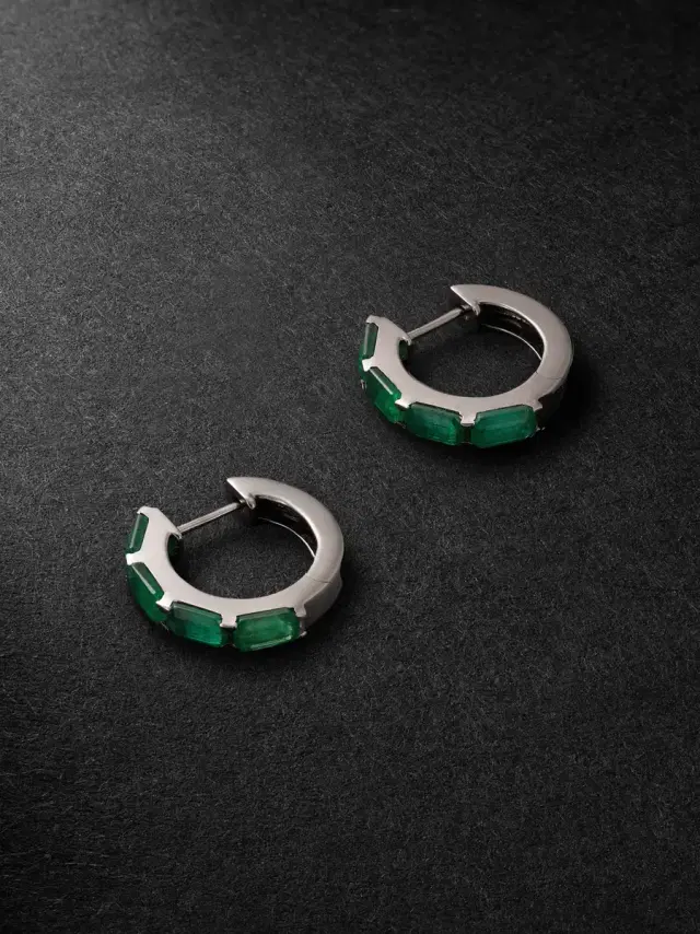 18-Karat Blackened Gold Emerald Hoop Earrings - Men