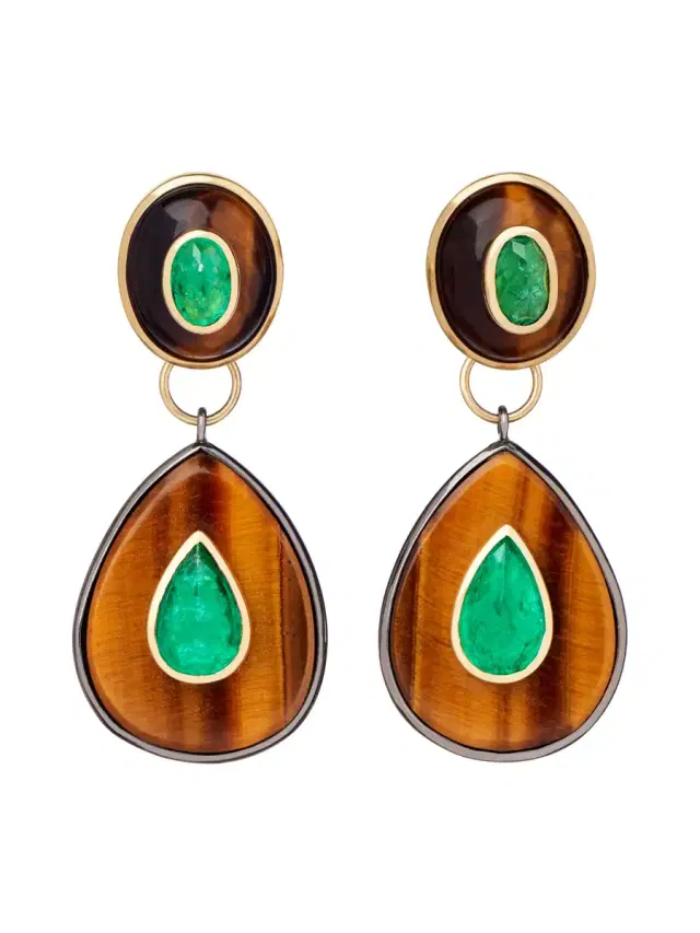 Tiger's Eye and Emerald Drop Earrings