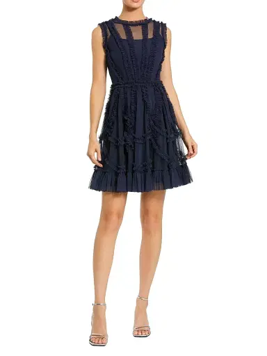 Mac Duggal Women's Mesh Dotted Micro Ruffled Minidress - Indigo - Size 14 | Thumbnail 1 Mac Duggal Women's Mesh Dotted Micro Ruffled Minidress - Indigo - Size 14 | Thumbnail 1