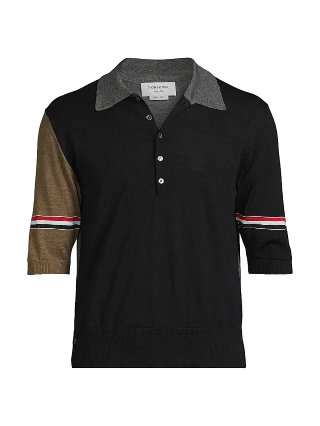 Men's Fun Mix 4-Bar Wool Jersey Polo Shirt - Navy Grey Brown