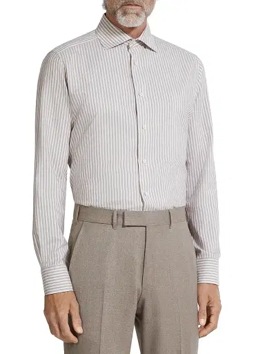 Zegna Men's Striped Silk and Cotton Blend Shirt - Brown White - Size 17.5 | Thumbnail 2