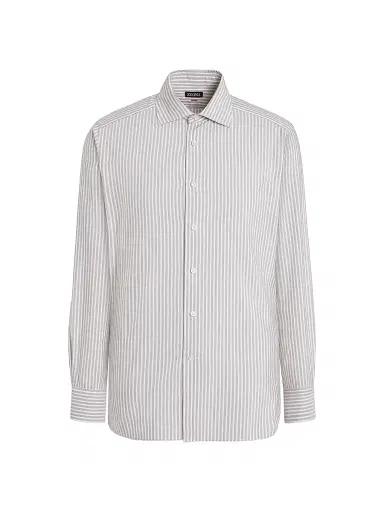 Zegna Men's Striped Silk and Cotton Blend Shirt - Brown White - Size 17.5 | Thumbnail 1
