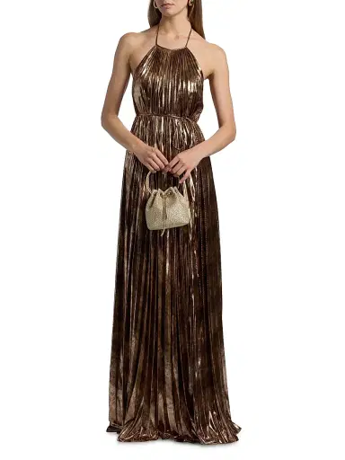 Halston Women's Maxine Metallic Plissé Halter Gown | Thumbnail 2