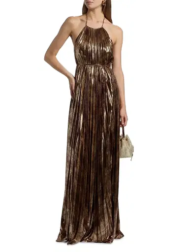 Halston Women's Maxine Metallic Plissé Halter Gown | Thumbnail 3