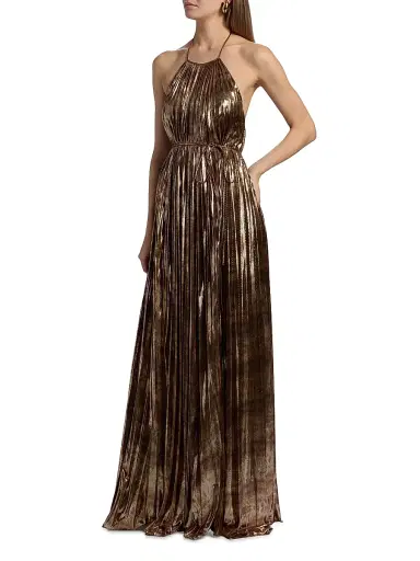 Halston Women's Maxine Metallic Plissé Halter Gown | Thumbnail 4