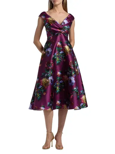 Theia Women's Kadence Floral V-Neck Midi-Dress - Sangria Poppy Stripe | Thumbnail 3 Theia Women's Kadence Floral V-Neck Midi-Dress - Sangria Poppy Stripe | Thumbnail 3