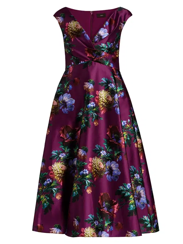 Theia Women's Kadence Floral V-Neck Midi-Dress - Sangria Poppy Stripe