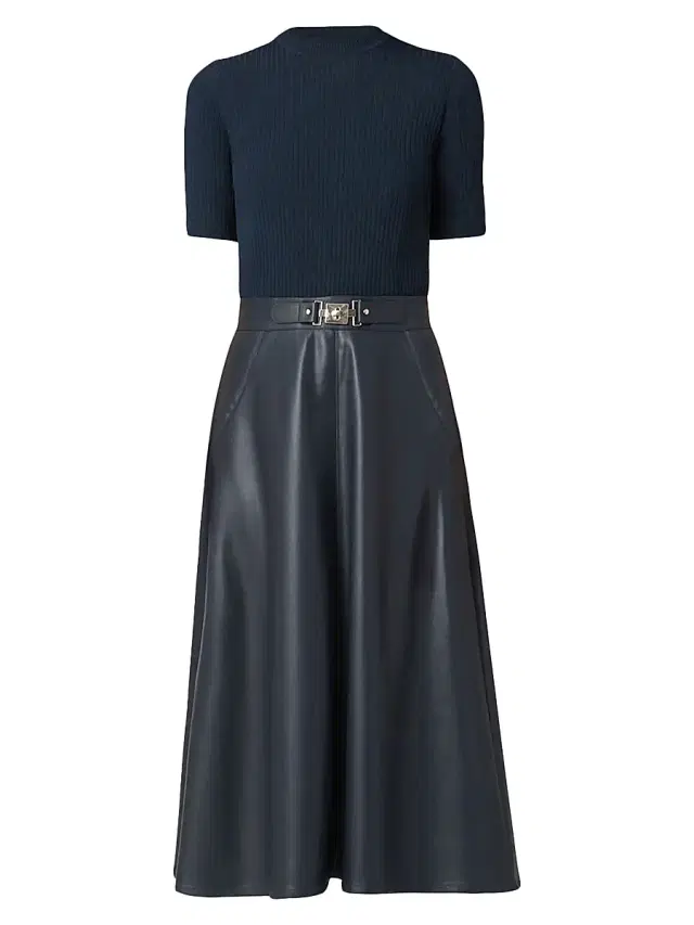 Shoshanna Women's Angela Mixed-Media Faux-Leather Midi-Dress - Navy