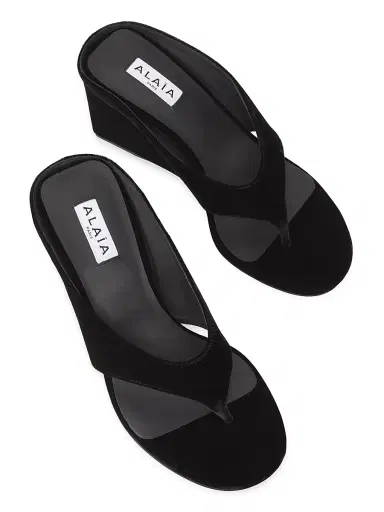ALAIA Women's 75MM Velvet Wedge Sandals - Noir | Thumbnail 4