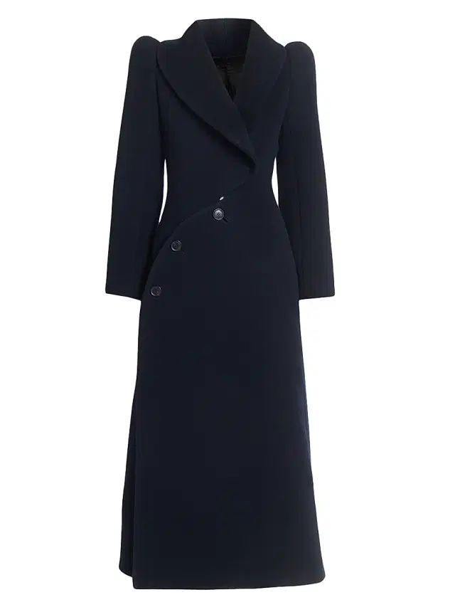 Women's Curved-Button Wool Coat - Marine
