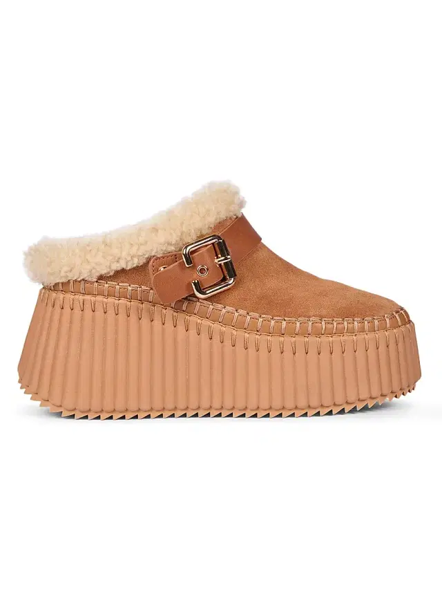 Chloé Women's Nama Shearling-Trim Suede Mules - Pottery Brown