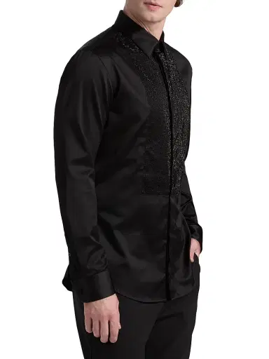 Giorgio Armani Men's Sequined-Bib Cotton Tux Shirt - Black Beauty | Thumbnail 4