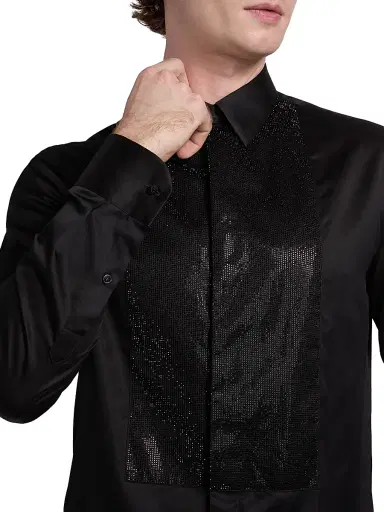 Giorgio Armani Men's Sequined-Bib Cotton Tux Shirt - Black Beauty | Thumbnail 6